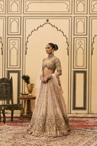 Lehenga Set for Indian Wedding - Gold Polki Maang Tika Tissue Lehenga Set by Itrh at Mrs. G