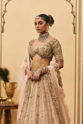Lehenga Set for Indian Wedding - Gold Polki Maang Tika Tissue Lehenga Set by Itrh at Mrs. G