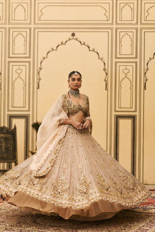 Lehenga Set for Indian Wedding - Gold Polki Maang Tika Tissue Lehenga Set by Itrh at Mrs. G