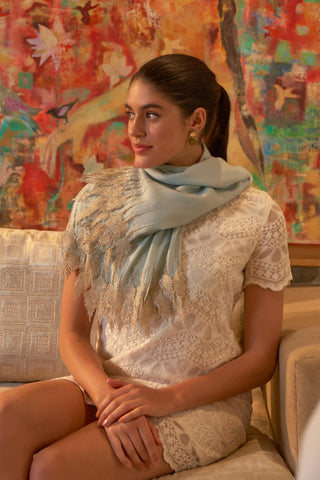 Stole Indian Wedding - Blue Leafy Sparkle Royal Fine Merino Wool by Mauli
