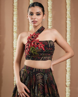 Black printed avyanna drape top and skirt set