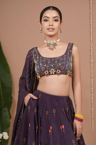 Lehenga set for Indian Wedding – Dark Purple Printed by AHI Clothing