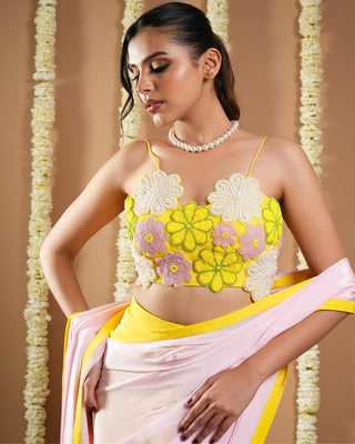 Yellow & pink flower avyanna pre-draped saree