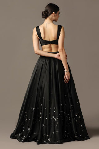 Black satin lehenga set with draped blouse
