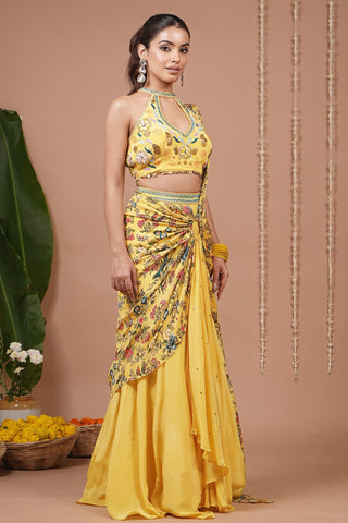 Drape saree for Indian Wedding – Bright Yellow Halter Neck by AHI Clothing