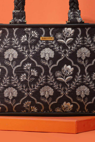 Black jharokha embroidered handbag