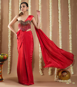 Hot red corset avyanna draped saree