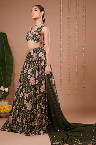 Organza lehenga for Indian Wedding – Olive Green Floral Printed by AHI Clothing