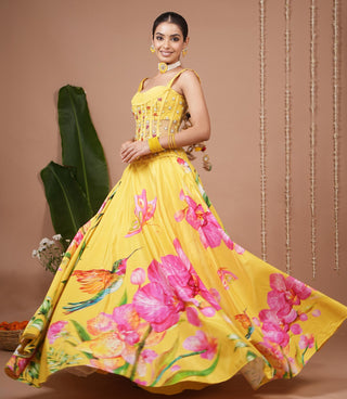 Lehenga set for Indian Wedding – Mustard Floral Corset Heavy by AHI Clothing