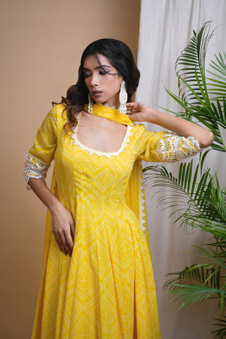 Yellow sitara bandhani digital print anarkali set