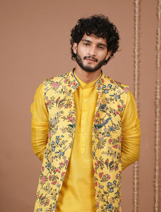 Kurta pajama set for Indian Wedding – Yellow Printed Open Jacket by AHI Clothing