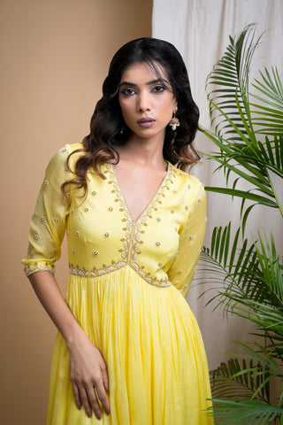 Yellow sitara chiffon anarkali set