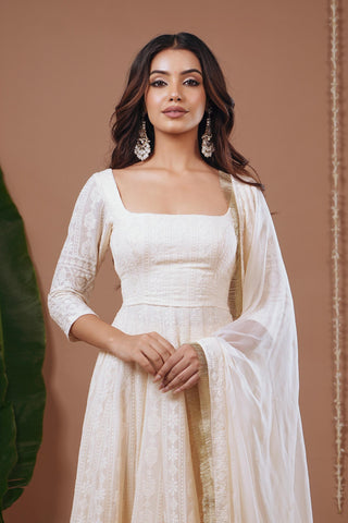 Anarkali suit for Indian Wedding – Ivory Chikankari by AHI Clothing