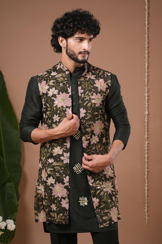Kurta set for Indian Wedding – Olive Green Heavy Sheer Jacket by AHI Clothing