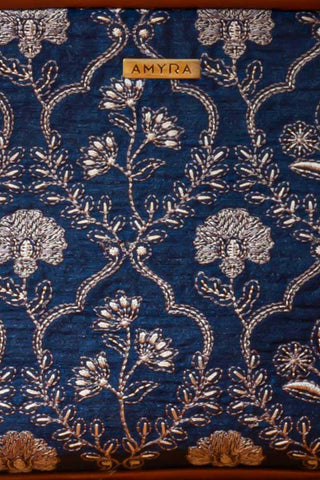 Blue jharokha thread embroidered handbag