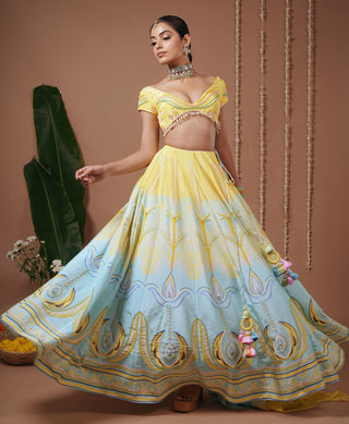 Lehenga set for Indian Wedding – Yellow Firozi Printed by AHI Clothing