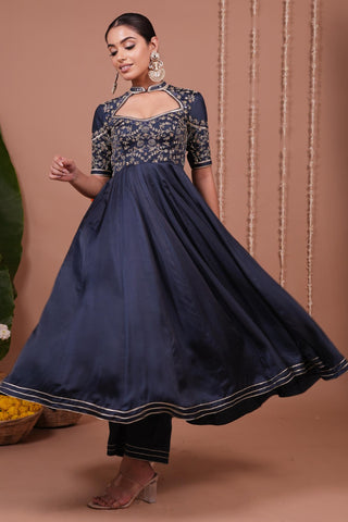 Anarkali suit for Indian Wedding – Navy Blue Silk Satin by AHI Clothing