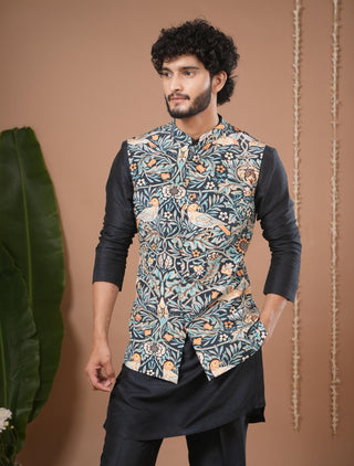 Nehru jacket set for Indian Wedding – Navy Blue Digital Print by AHI Clothing