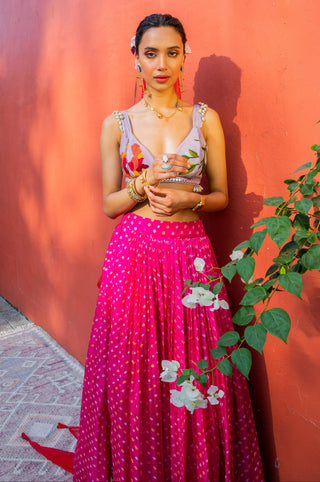 Pink bandhani lilac floral lehenga set