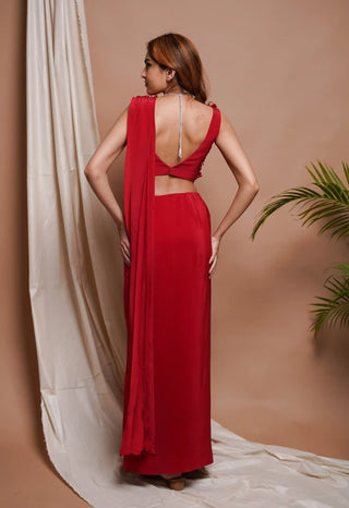 Red pre-stitched draped saree and bustier