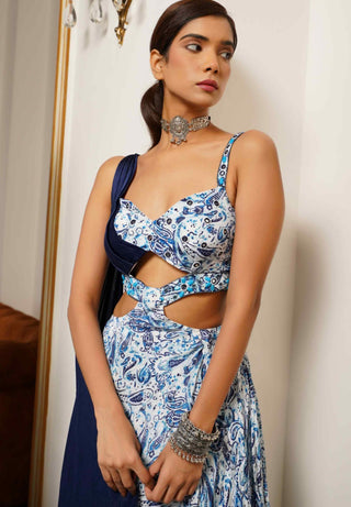 White and blue paisley long lehenga dress