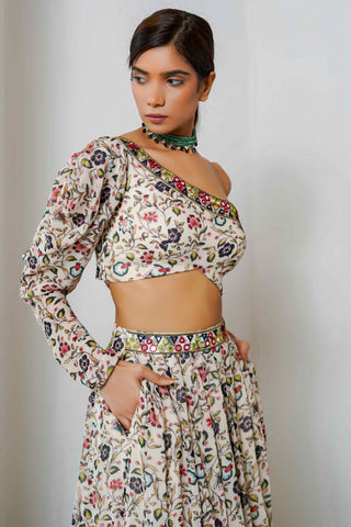 Cream floral one shoulder blouse and lehenga