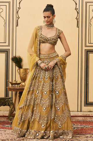 Lehenga Set for Indian Wedding - Yellow Polki Sarson Tissue Lehenga Set by Itrh at Mrs. G