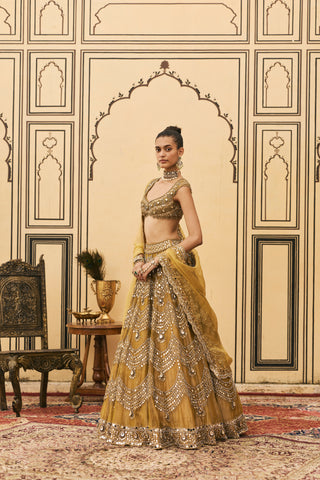 Lehenga Set for Indian Wedding - Yellow Polki Sarson Tissue Lehenga Set by Itrh at Mrs. G