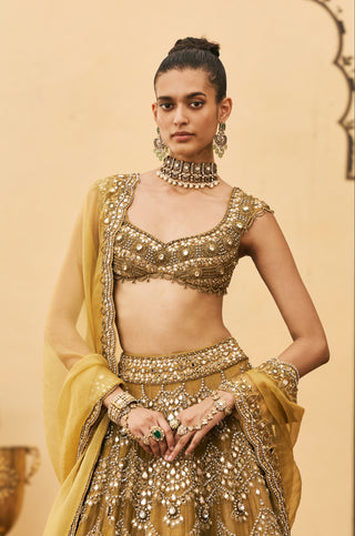 Lehenga Set for Indian Wedding - Yellow Polki Sarson Tissue Lehenga Set by Itrh at Mrs. G