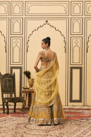 Lehenga Set for Indian Wedding - Yellow Polki Sarson Tissue Lehenga Set by Itrh at Mrs. G
