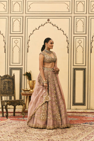 Lehenga Set for Indian Wedding - Pink Polki Raani Haar Tissue Lehenga Set by Itrh at Mrs. G
