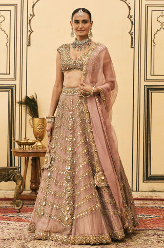 Lehenga Set for Indian Wedding - Pink Polki Raani Haar Tissue Lehenga Set by Itrh at Mrs. G