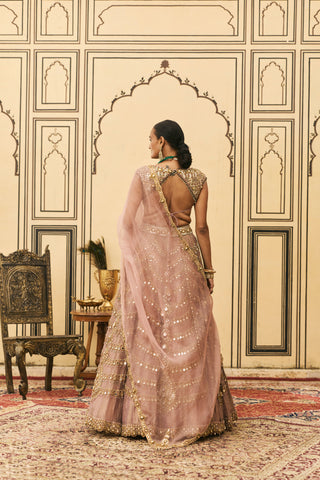 Lehenga Set for Indian Wedding - Pink Polki Raani Haar Tissue Lehenga Set by Itrh at Mrs. G