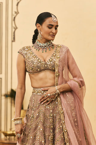 Lehenga Set for Indian Wedding - Pink Polki Raani Haar Tissue Lehenga Set by Itrh at Mrs. G