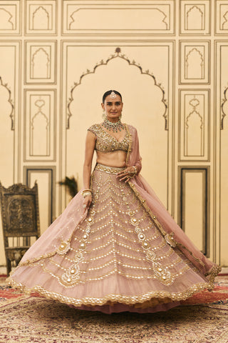 Lehenga Set for Indian Wedding - Pink Polki Raani Haar Tissue Lehenga Set by Itrh at Mrs. G