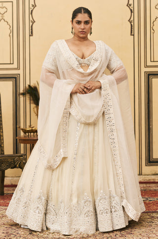 Lehenga Set for Indian Wedding - Ivory Polki Haathidant Organza Lehenga Set by Itrh at Mrs. G