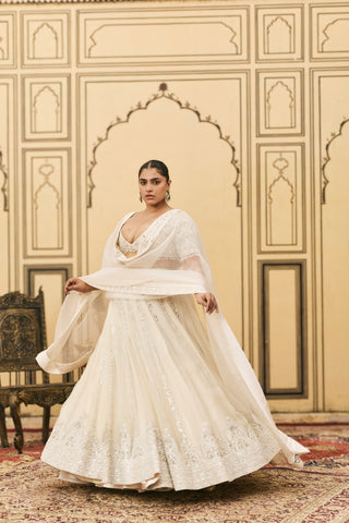 Lehenga Set for Indian Wedding - Ivory Polki Haathidant Organza Lehenga Set by Itrh at Mrs. G