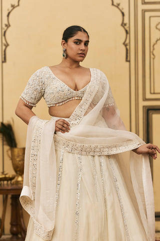 Lehenga Set for Indian Wedding - Ivory Polki Haathidant Organza Lehenga Set by Itrh at Mrs. G