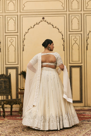 Lehenga Set for Indian Wedding - Ivory Polki Haathidant Organza Lehenga Set by Itrh at Mrs. G