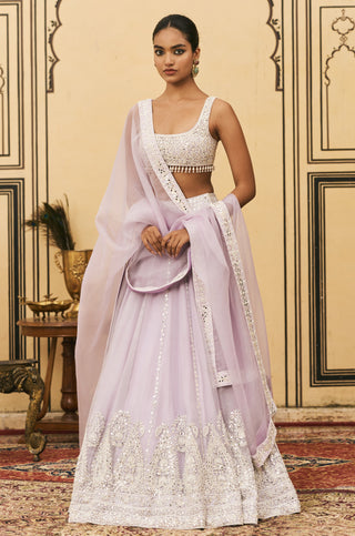 Lehenga Set for Indian Wedding - Purple Polki Baingani Organza Lehenga Set by Itrh at Mrs. G