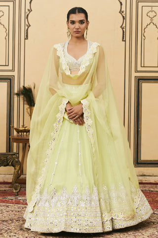 Lehenga Set for Indian Wedding - Green Polki Pudina Organza Lehenga Set by Itrh at Mrs. G