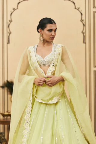 Lehenga Set for Indian Wedding - Green Polki Pudina Organza Lehenga Set by Itrh at Mrs. G