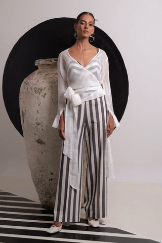 Ivory organza tie up shirt with bustier & pants