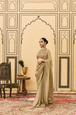 Saree Set for Indian Wedding - Green Polki Zaitooni Georgette Saree Set by Itrh at Mrs. G