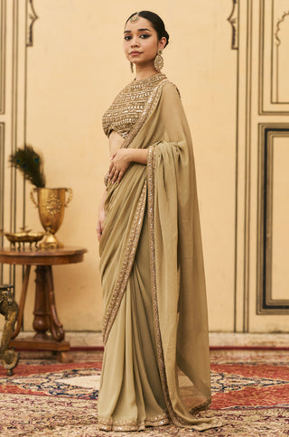 Saree Set for Indian Wedding - Green Polki Zaitooni Georgette Saree Set by Itrh at Mrs. G