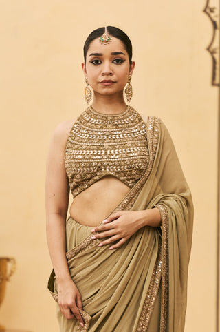 Saree Set for Indian Wedding - Green Polki Zaitooni Georgette Saree Set by Itrh at Mrs. G