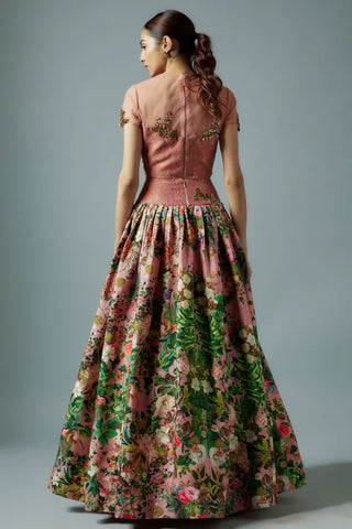 Pink raw silk botanical printed lehenga