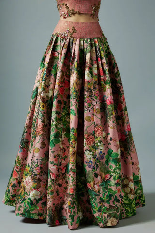 Pink raw silk botanical printed lehenga