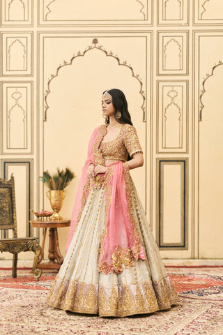 Lehenga Set for Indian Wedding - Silver Polki Gulabi-Rajat Tissue Lehenga Set by Itrh at Mrs. G