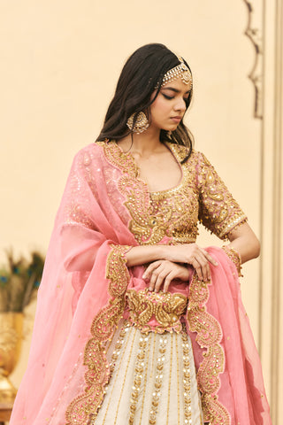 Lehenga Set for Indian Wedding - Silver Polki Gulabi-Rajat Tissue Lehenga Set by Itrh at Mrs. G